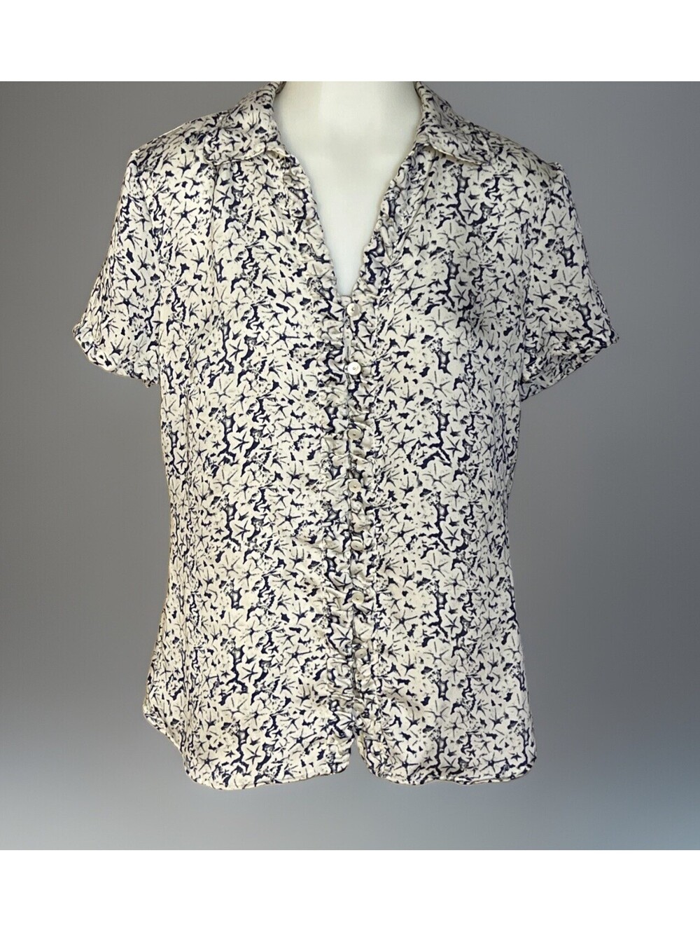 Coldwater Creek Cottagecore Blouse Sz S 8 Blue Cream Floral Ruffle Prarie Top
